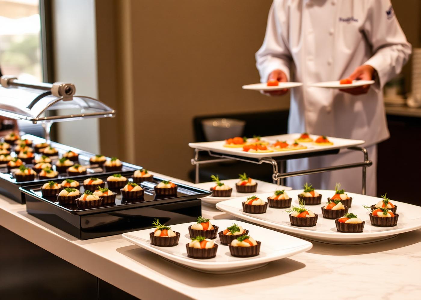 Elegant catering station with plated hors d'oeuvres and chef service