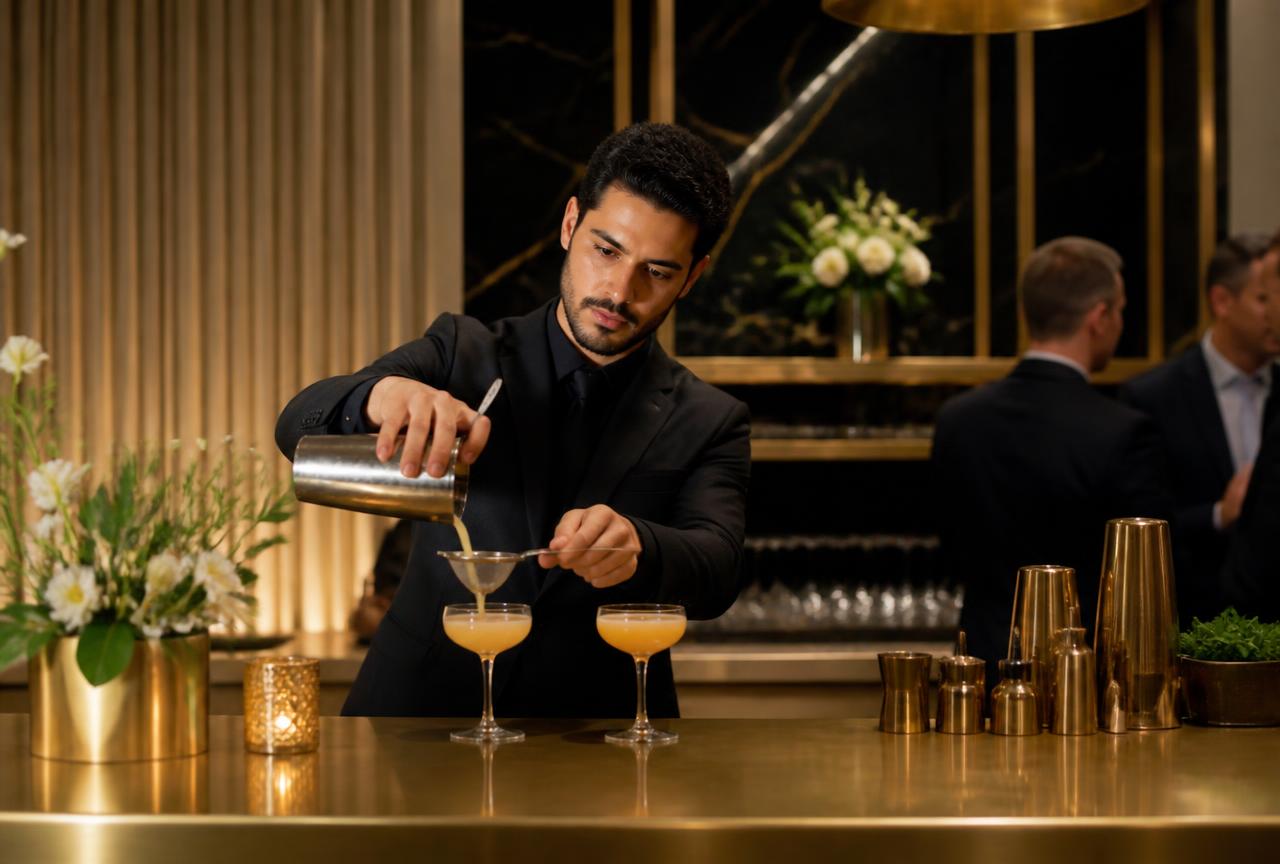 Bartender preparing cocktails at a modern brass corporate bar