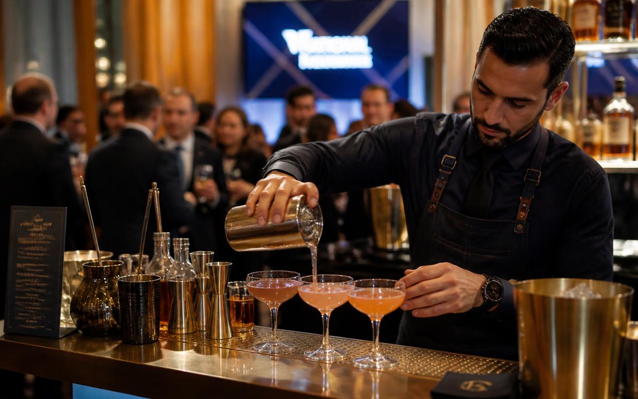 Professional bartender pouring craft cocktails at a corporate event bar
