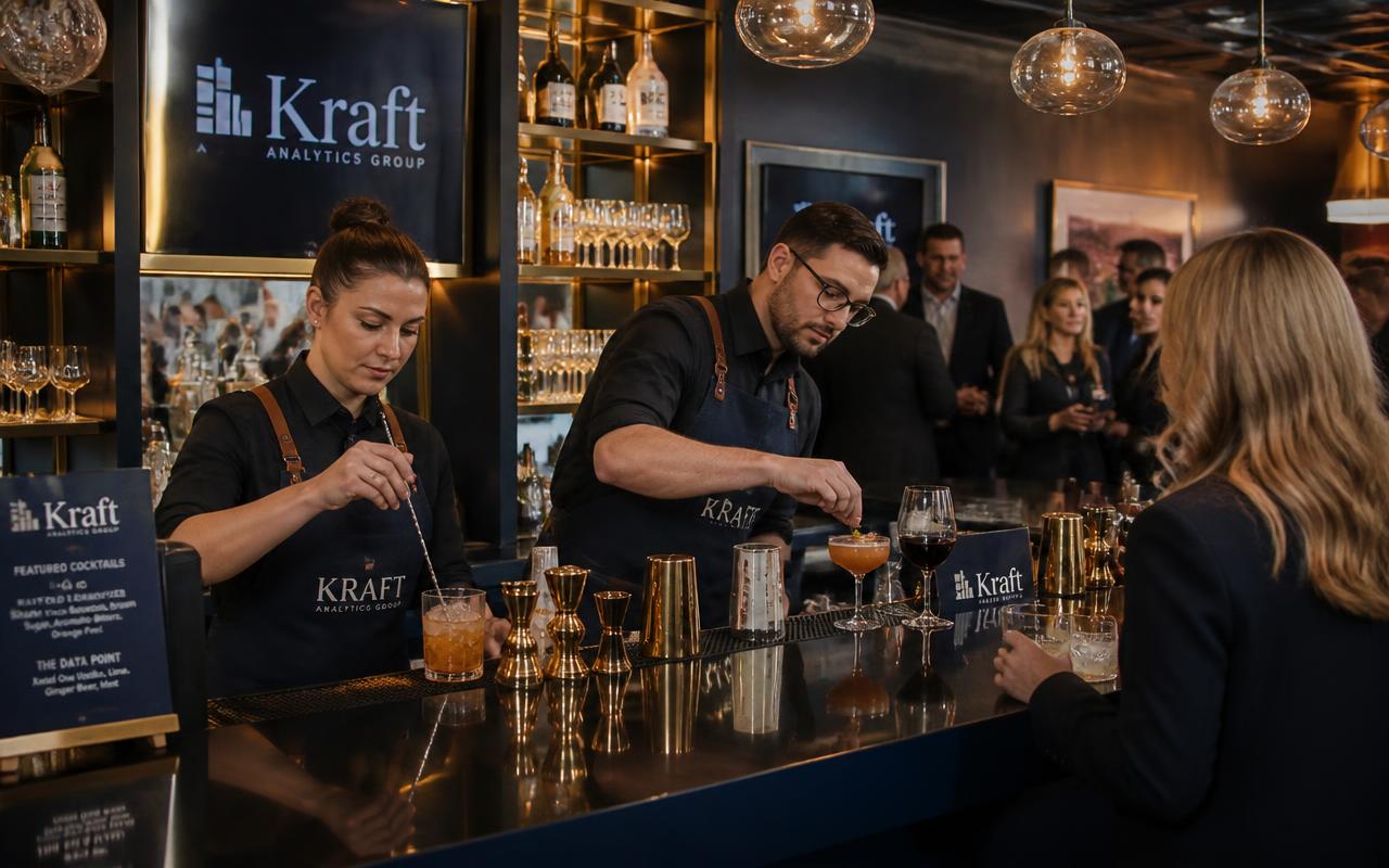 Branded bar team preparing drinks at a corporate reception