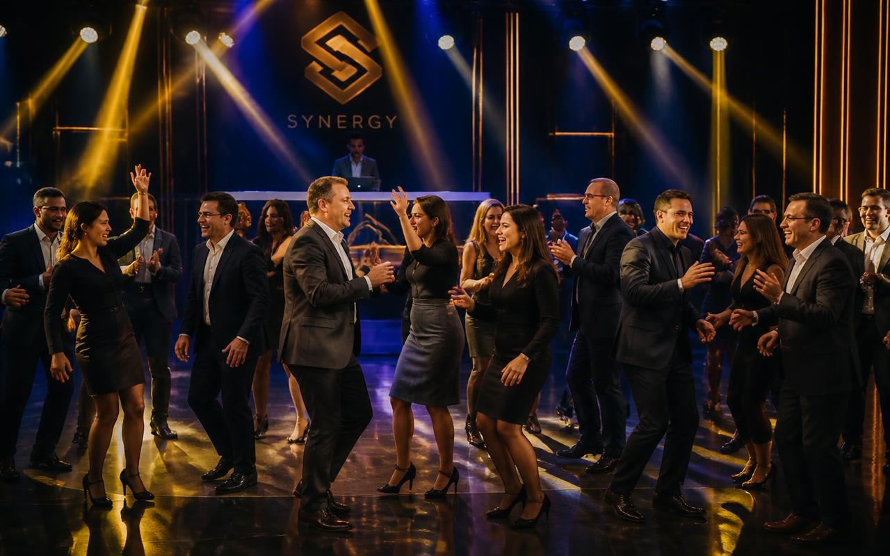 Corporate dance party with executives dancing on a stage with DJ and lighting