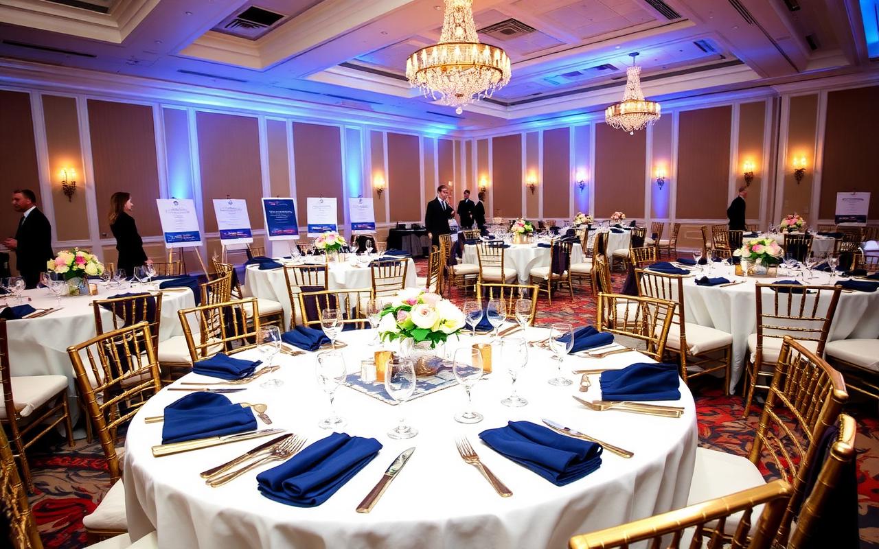 Nonprofit fundraising gala in a grand ballroom with round tables and chandeliers