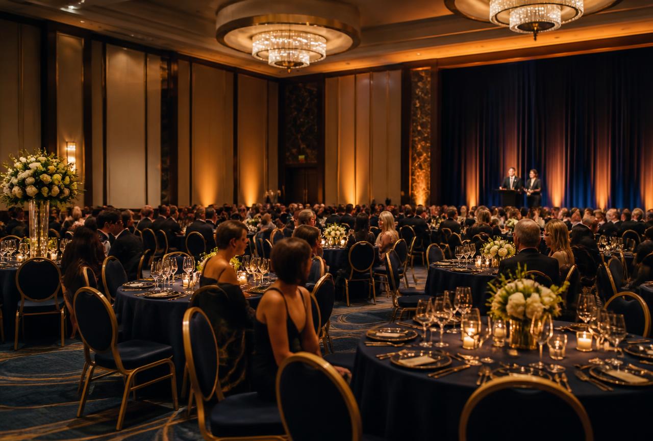 Corporate awards gala dinner in a hotel ballroom