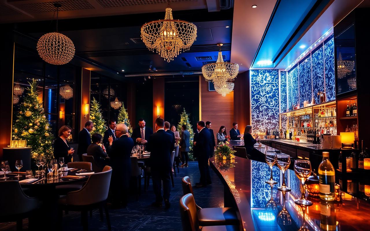 Corporate holiday party with elegant cocktail reception and ambient lighting