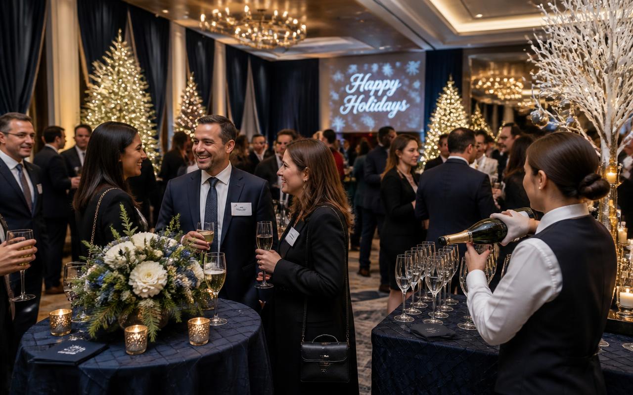 Corporate holiday party with decorated trees and guests enjoying champagne
