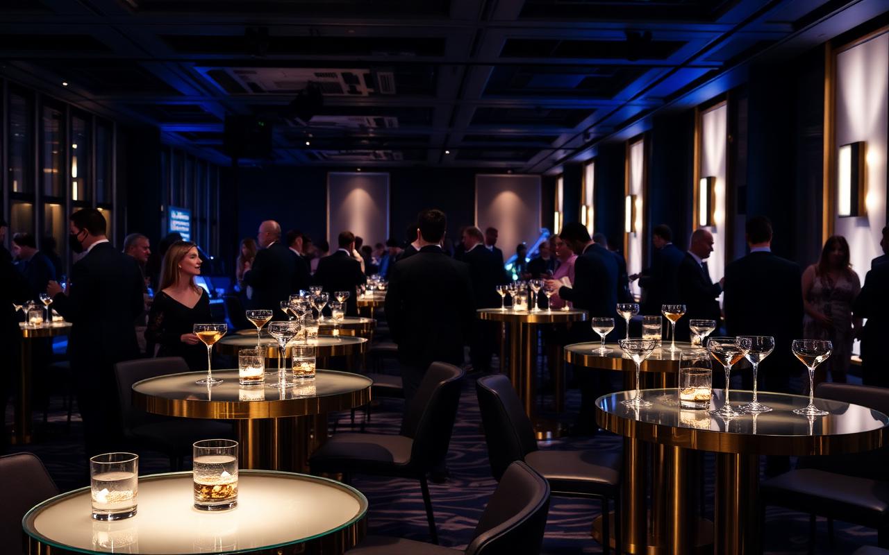 Corporate networking reception with cocktail tables and ambient lighting