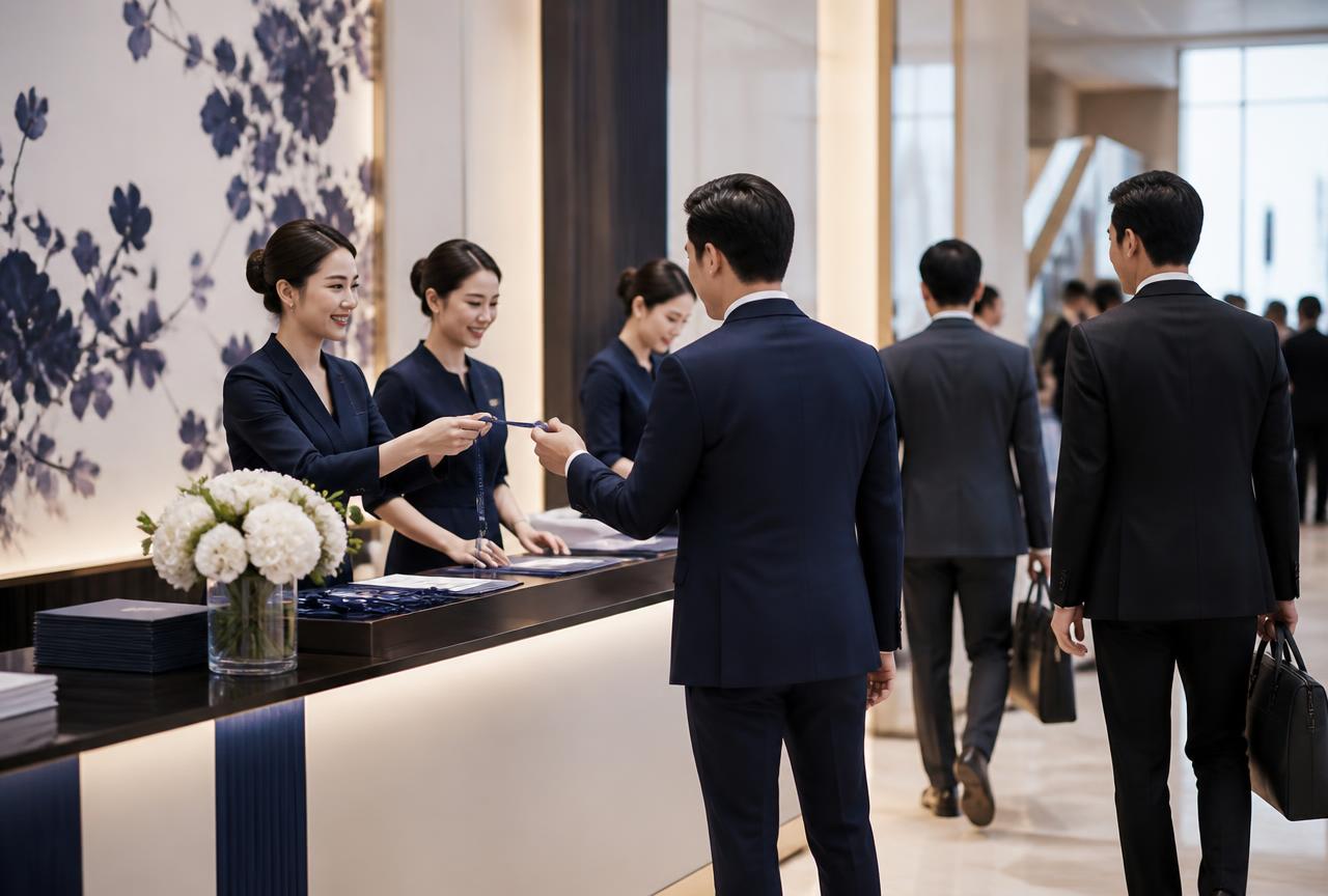 Event staff greeting business guests at a registration and welcome desk
