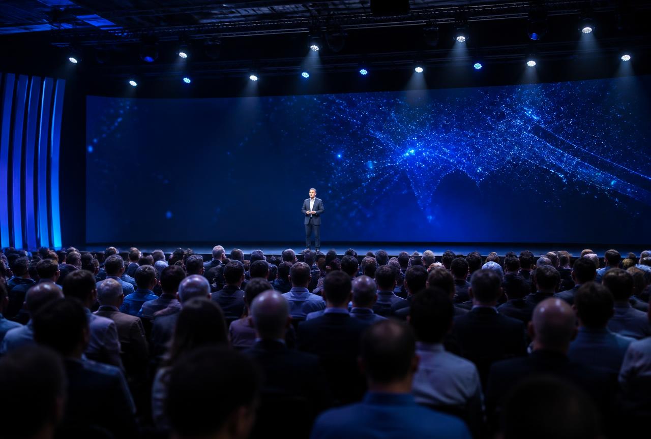 General session with a keynote speaker on stage in front of a large LED wall