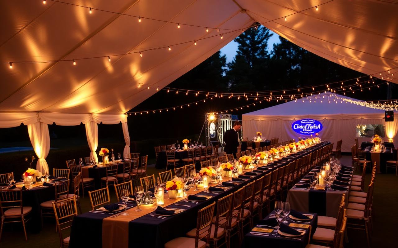 Elegant corporate tented gala with string lights and long dining tables at dusk