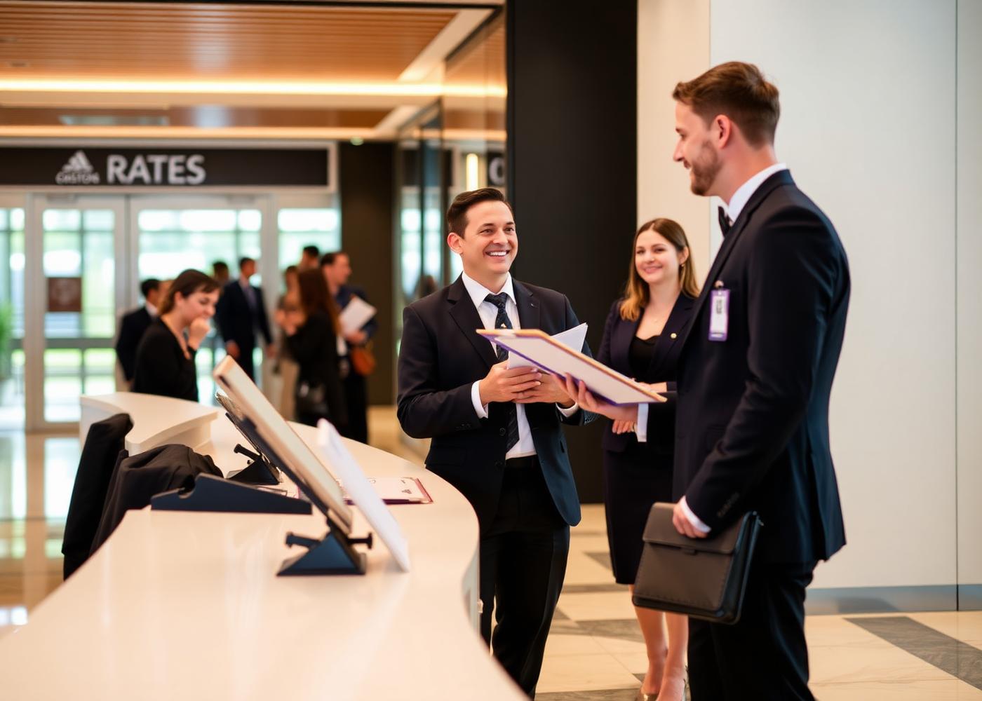 Event hospitality staff greeting guests at a registration desk