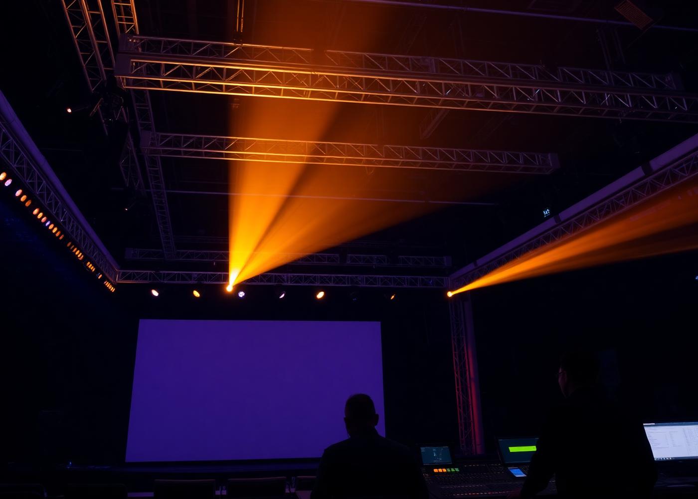 Conference stage with LED wall, lighting truss, and audio console