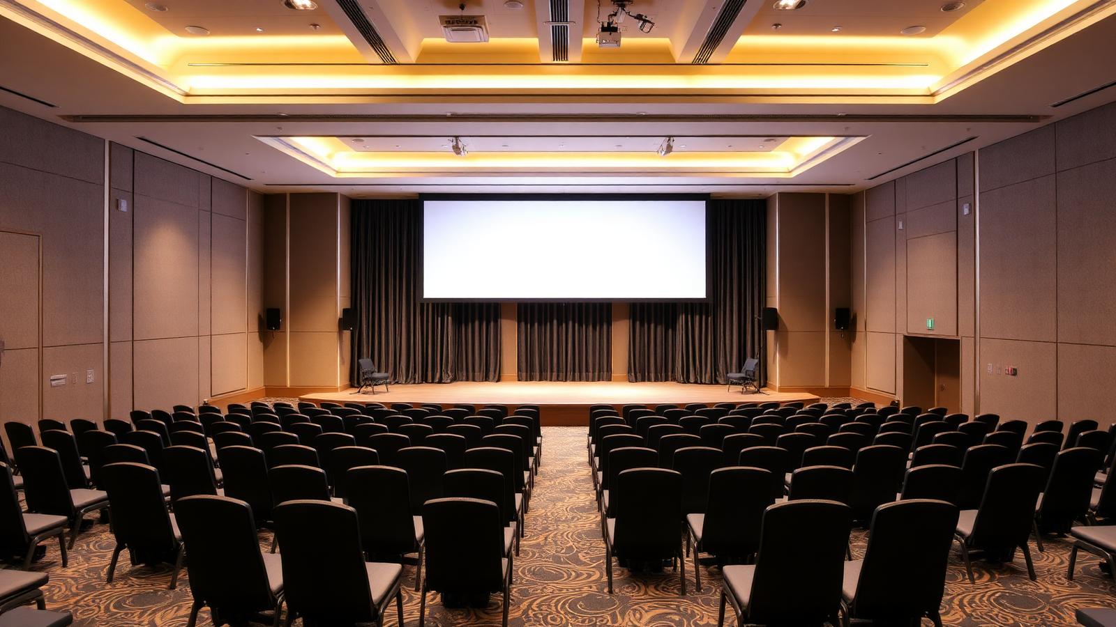 Convention center general session room with stage and large screen