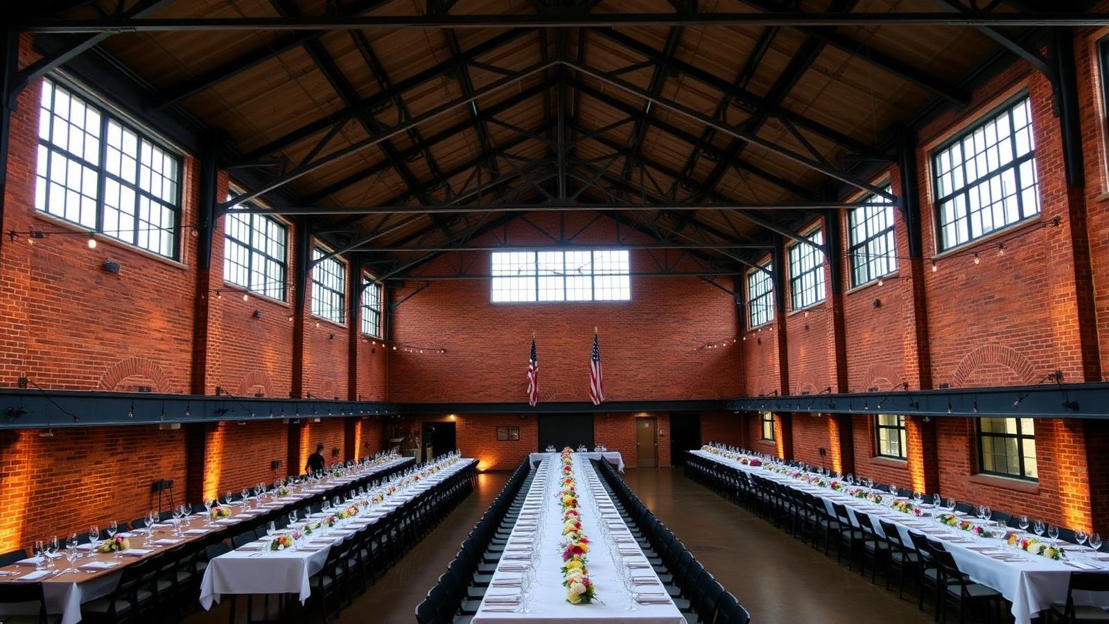 Restored industrial brick event hall with long banquet tables