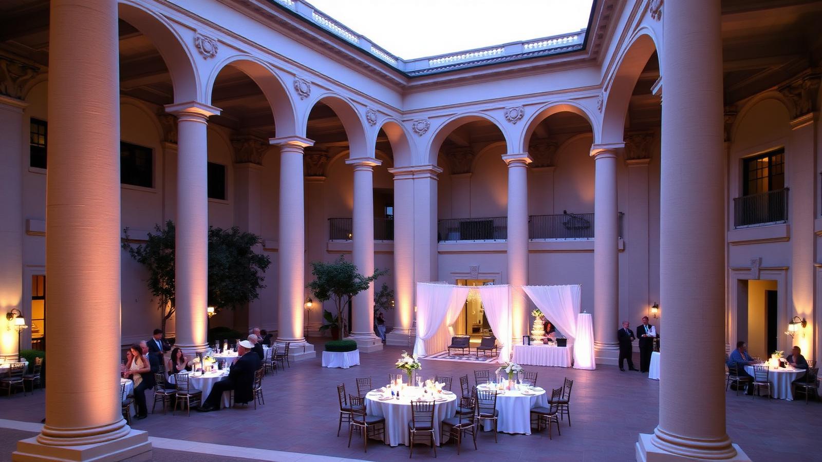 Museum courtyard with columns and uplighting set for an evening reception