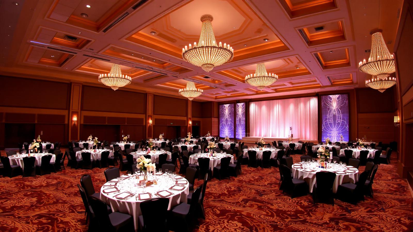 Resort ballroom set with round tables and chandeliers for a corporate gala