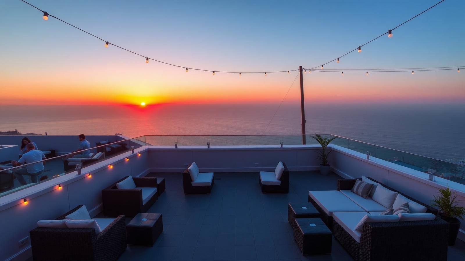 Rooftop hotel terrace with lounge seating and ocean view at sunset